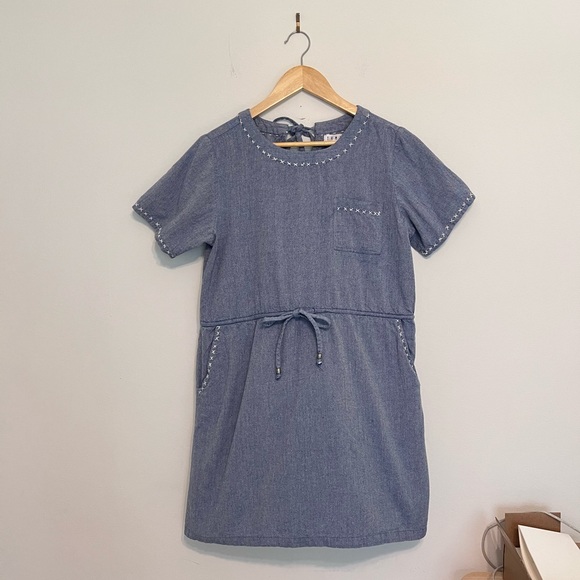 THML Denim and White Embroidered mini dress with adjustable waist